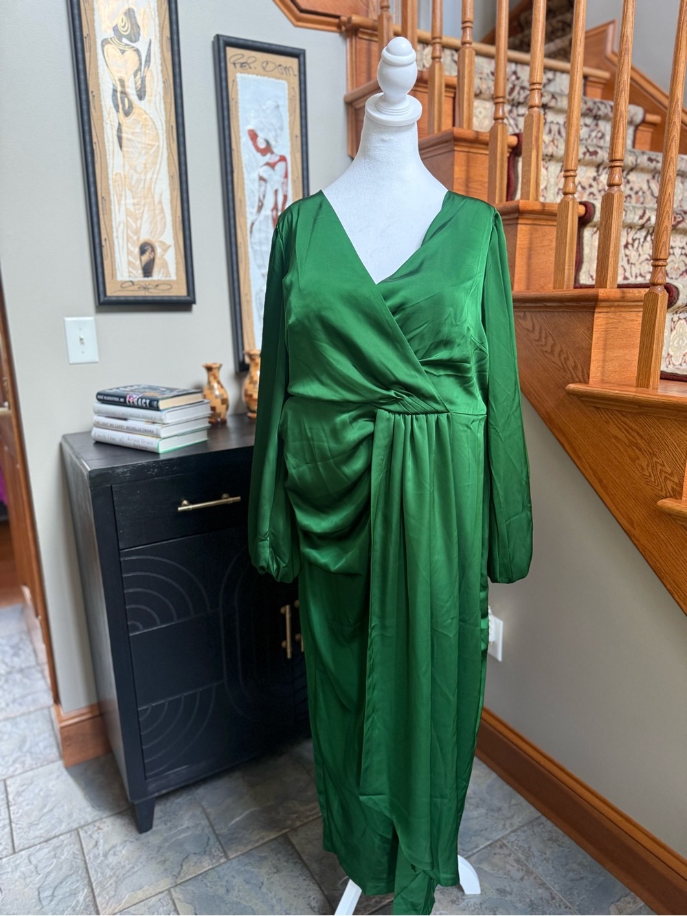 Eloquii Satin Emerald Green Long-Sleeve Wrap Maxi Dress